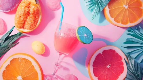 Tropical Summer Flat Lay with Citrus Fruits and Cocktail.
