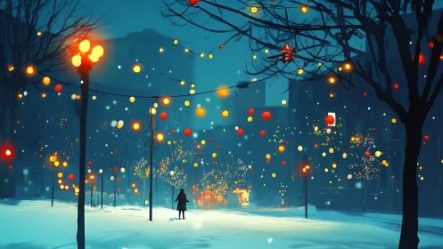 Snowy urban boulevard with hanging lantern lights at twilight