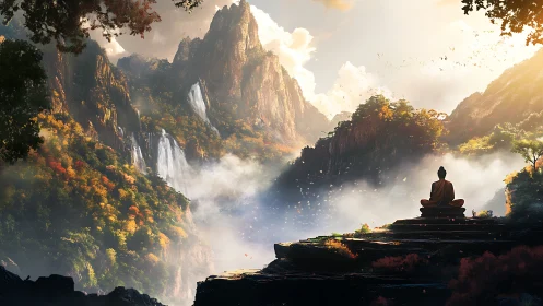 Quiet mountain meditation welcomes sunrise over misty valley