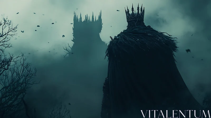 Shadowed crown lord before looming fortress in misted dusk.