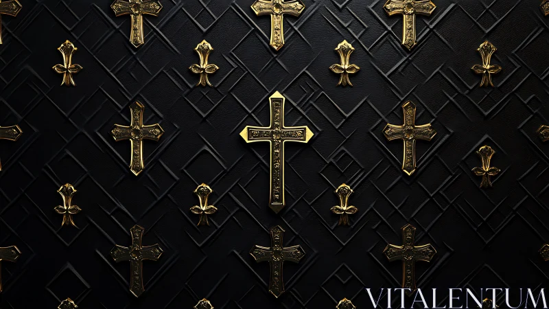 Golden crosses glowing softly against deep black geometry.