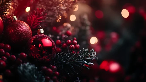 Red Christmas baubles glow among frosted evergreen branches