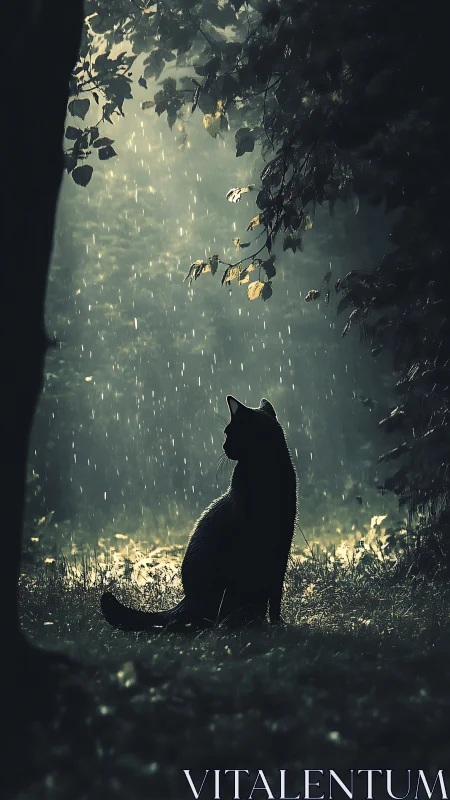 Black Cat in Forest with Volumetric Light and Rain
