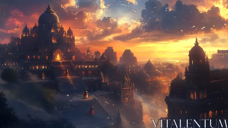 Golden dusk settles over a glowing mountaintop fantasy city