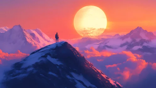 Solitary climber silhouetted on neon-lit summit at sunset.