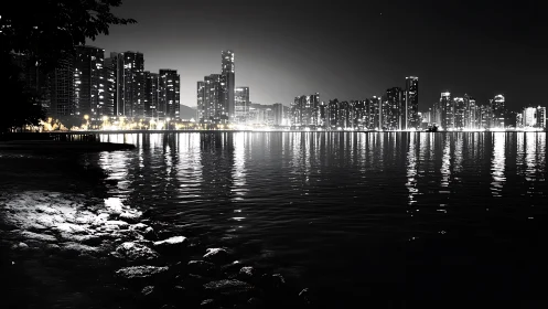 Glowing city skyline shimmers across a calm nocturnal waterfront