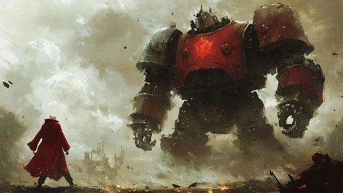 Colossal red war mech confronting lone cloaked figure in ruins