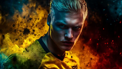 Blond male athlete amid contrasting fiery color clouds.