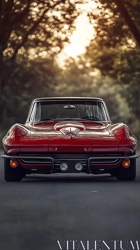 Classic red sports coupe on tree lined road at sunset.