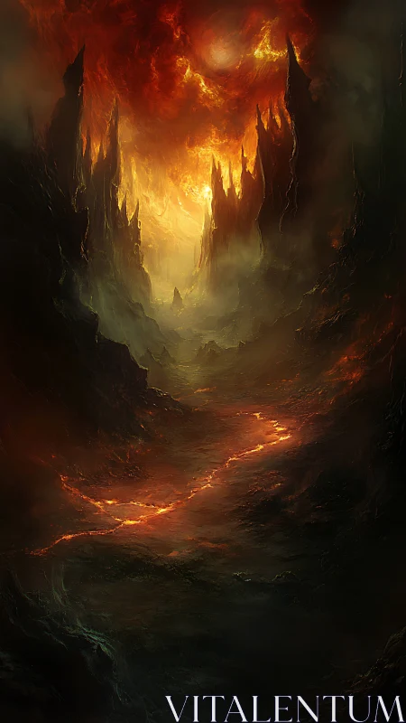 Infernal canyon glows with molten river beneath storm