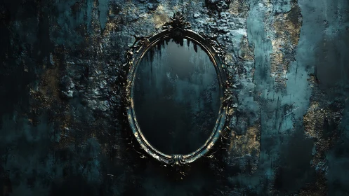 Ornate oval mirror on distressed teal and gold wall.