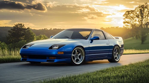 Blue sports coupe cruises a country road at radiant sunset