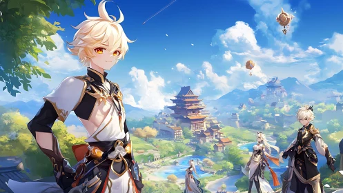 Sunny anime adventurers over a dreamy floating cityscape.