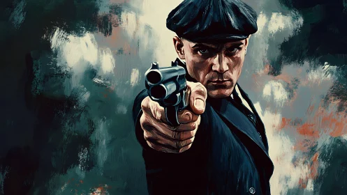 Male figure points handgun directly toward viewer in focus