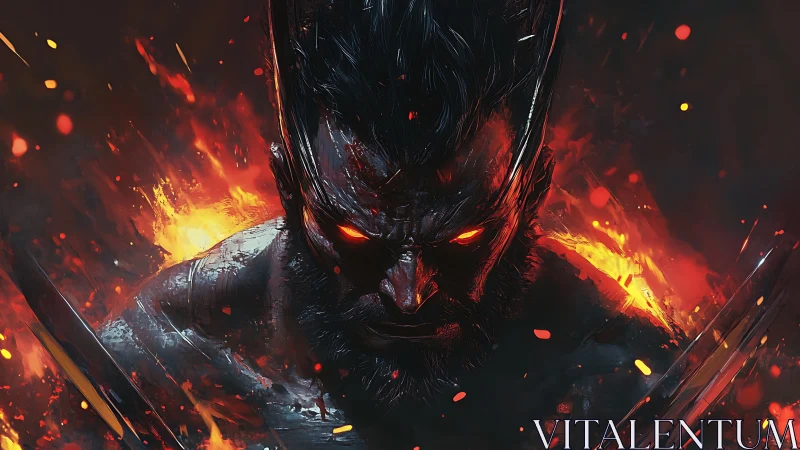 Infernal warrior portrait with molten eyes and flames.