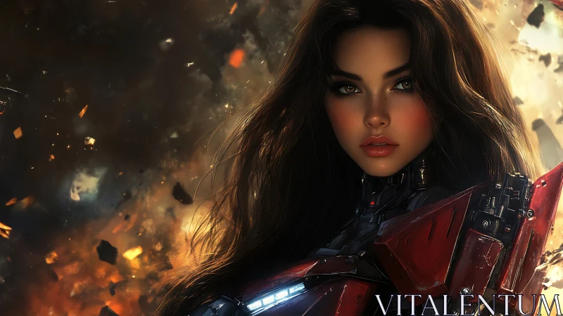 Armored warrior woman amid cinematic fiery explosion.