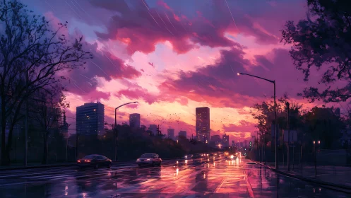 Neon rain polishes a sunset city into mirrored dreams