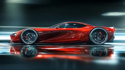 Futurist red concept supercar in high-speed tunnel render.