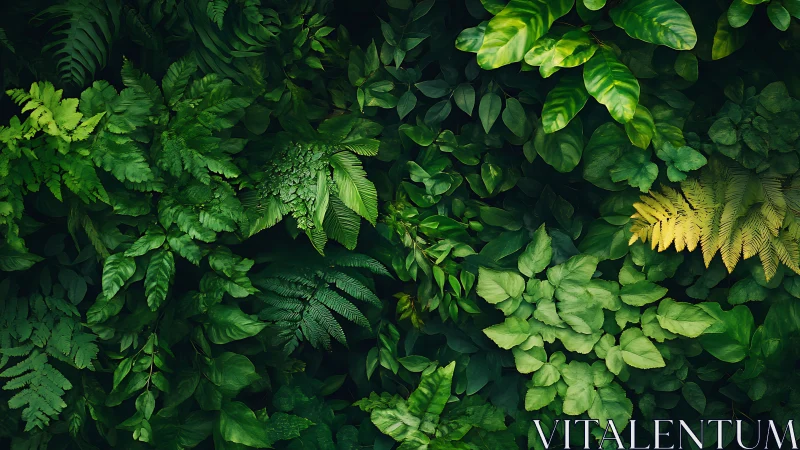 Dense green foliage wall with layered tropical leaves.