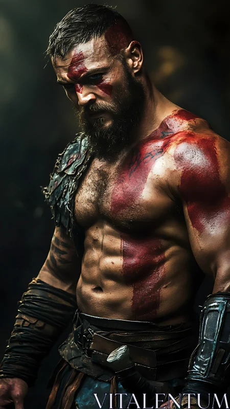 Photorealistic warrior portrait with dramatic chiaroscuro lighting.