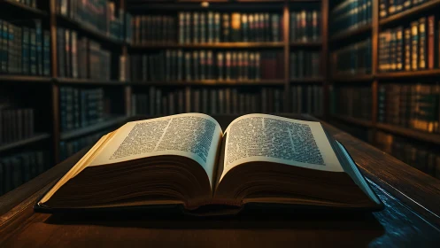 Open reference book lies on wooden table in library