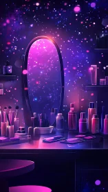 Cosmic vanity station with neon-lit cosmetics and mirror glow.