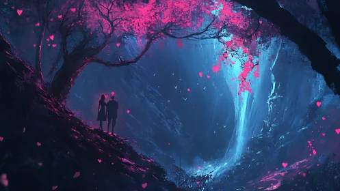 Lovers under neon blossoms at a moonlit waterfall ravine.