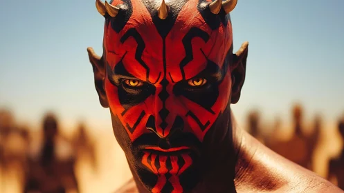 Crimson warrior locks molten eyes on the desert horizon