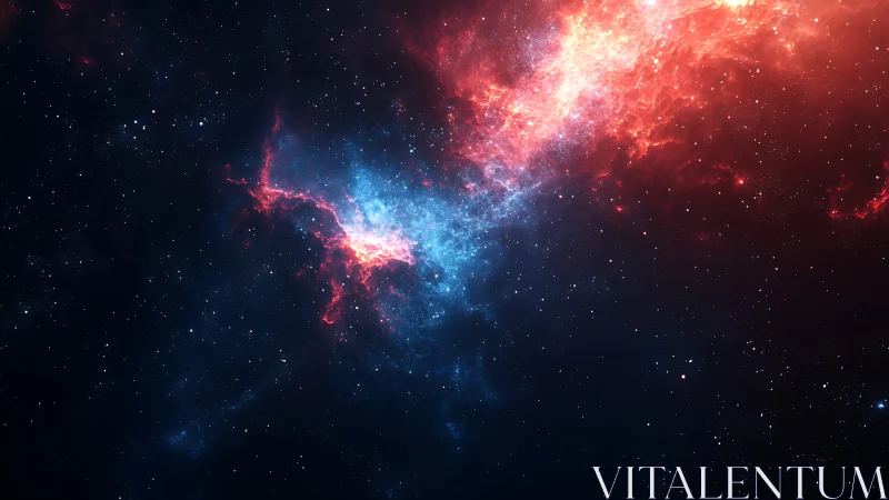 Red and blue nebula cloud across dense star field in space.