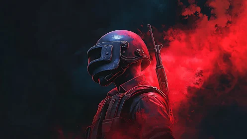 Lone futuristic soldier stands calm within red battle haze.