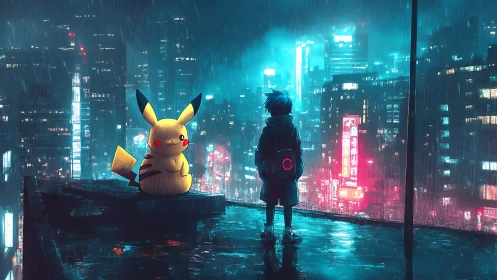 Pikachu and trainer on rainy cyberpunk city rooftop