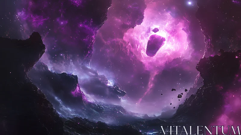 Cosmic nebula vortex with levitating monolith centerpiece.