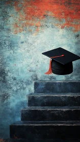 Graduation cap poised above textured blue stone steps.