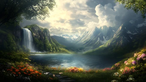 Mountain lake with waterfall and dense floral foreground.