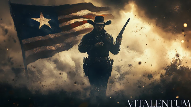 Lone gunslinger strides before tattered flag through smoke