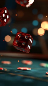 Crimson dice tumbling through a cozy casino glow.