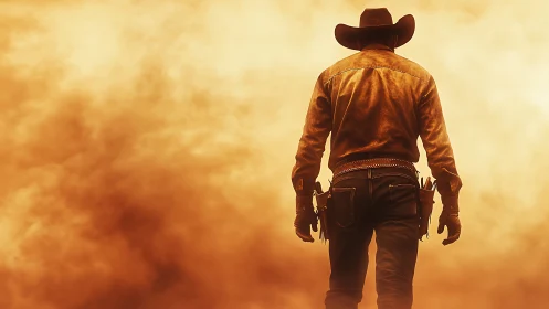 Backlit frontier gunslinger in particulate amber haze field.