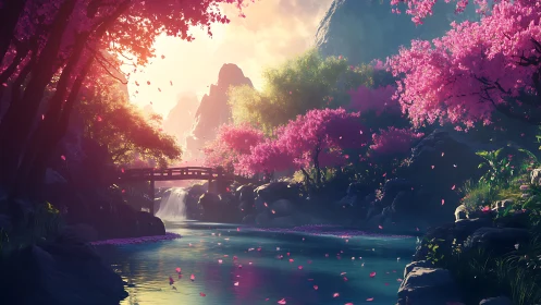 Sunlit river valley with cherry blossoms and bridge.