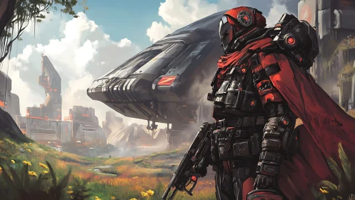 Armored soldier stands before landed spacecraft on outpost