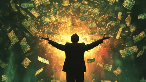 Businessman stands before explosive money vortex of wealth