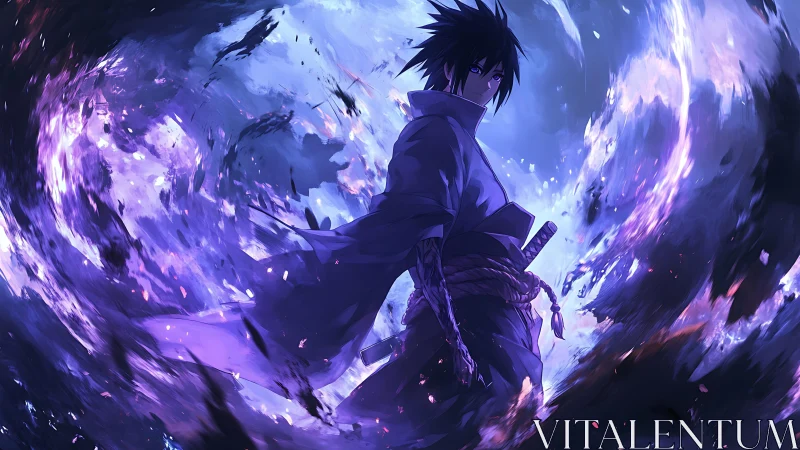 Storm-wreathed anime swordsman channels swirling purple power
