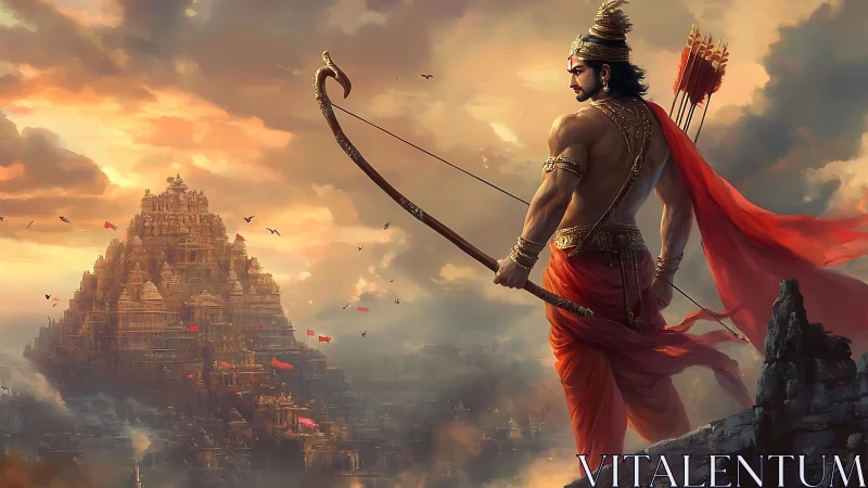 Epic archer overlooking mythic stepped temple city at sunrise