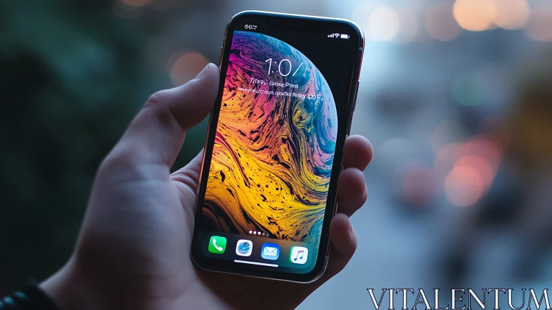 Neon-swirled smartphone glows against dreamy city evening.