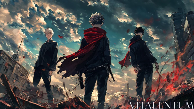 Post-apocalyptic trio with red scarves in burning ruins.