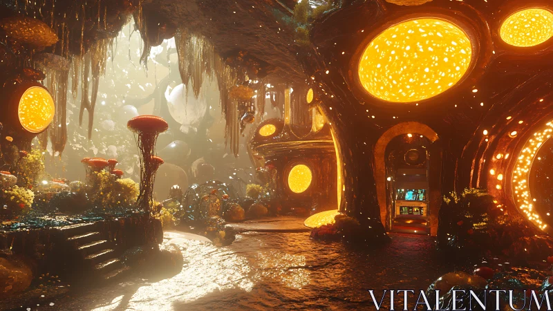 Bioluminescent cavern city glows with organic alien architecture