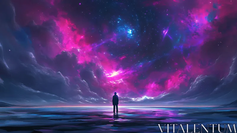 Lone dreamer converses with a swirling neon cosmic sea