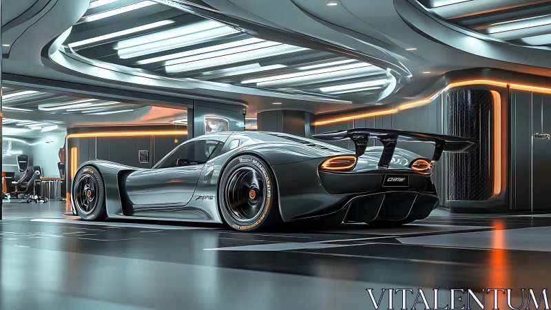 Futuristic grey hypercar sits in a sleek illuminated garage