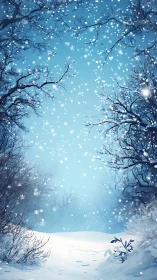 Snow covered forest path recedes under falling snowflakes