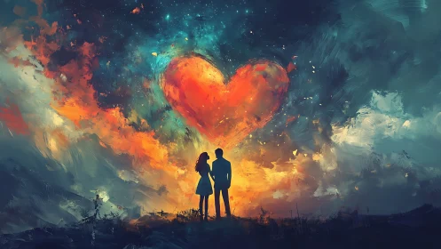 Two figures silhouetted against large heart-shaped luminous formation in sky