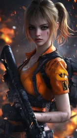 Battle-hardened female soldier grips rifle amid firestorm.